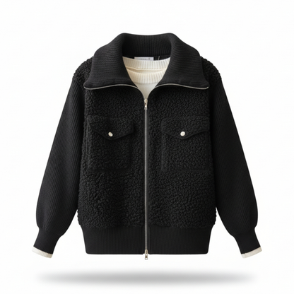 Blouson bouclette AY65642 – veste femme zippée avec corps en sherpa doux, manches et col montant en grosse maille côtelée, contraste de matières et coupe décontractée pour l&
