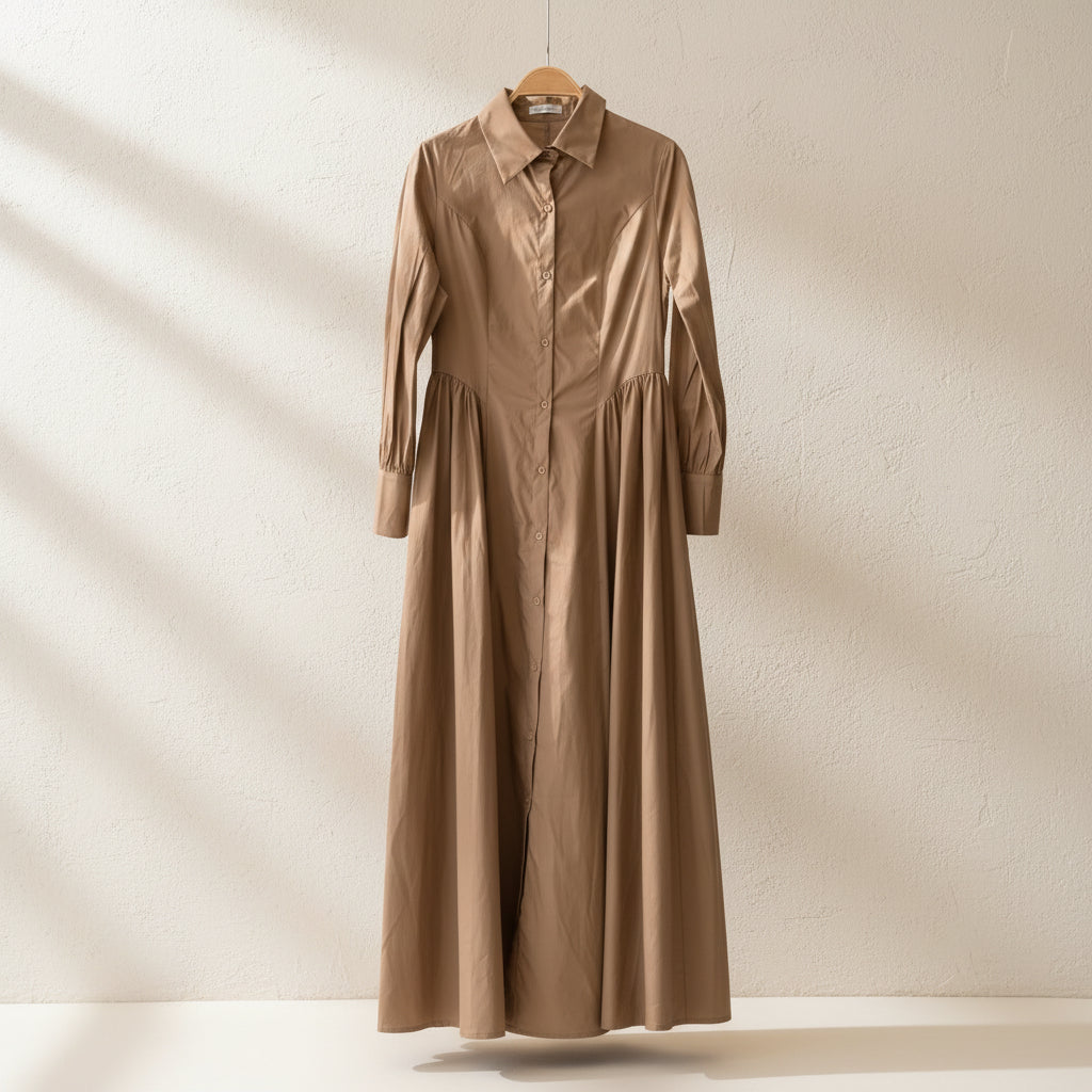 Robe chemise VA9013 – robe longue femme camel marron en matière extensible, col classique, boutonnage intégral, taille cintrée et jupe évasée plissée, style élégant pour la ville