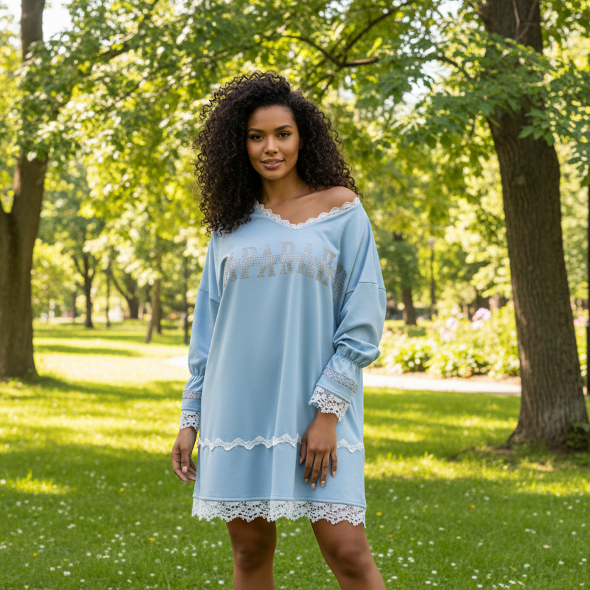 0078 PAPARAZZI robe tunique bleu ciel style bohème avec dentelle blanche et strass étincelants - col en v et finitions romantiques - tenue légère et élégante pour un look urbain chic et féminin