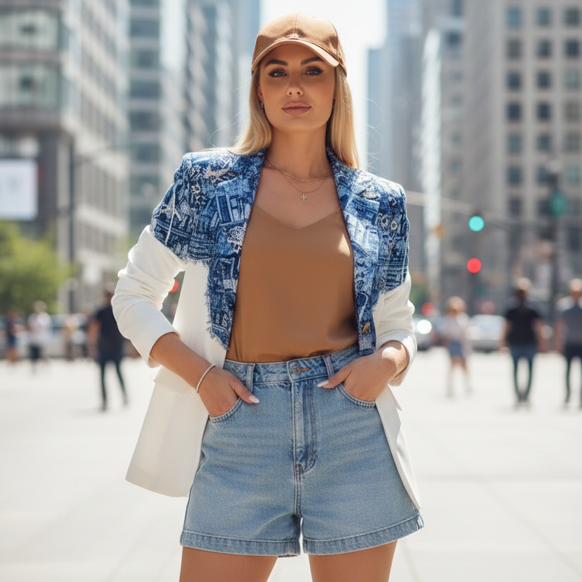 7353 TATU  Veste Blazer Blanc Imprimé Jean avec Lacets Dorés Coupe Élégante pour Occasions Spéciales et Quotidiennes