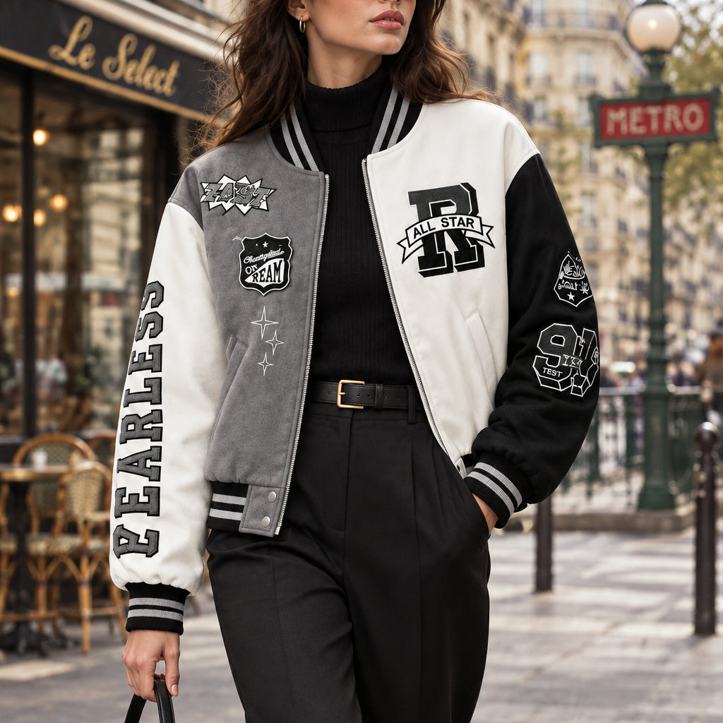 Bomber varsity DA0979 – blouson teddy tricolore gris blanc noir avec écussons brodés, inscription FEARLESS sur la manche et finitions bord-côte rayées, style streetwear rétro