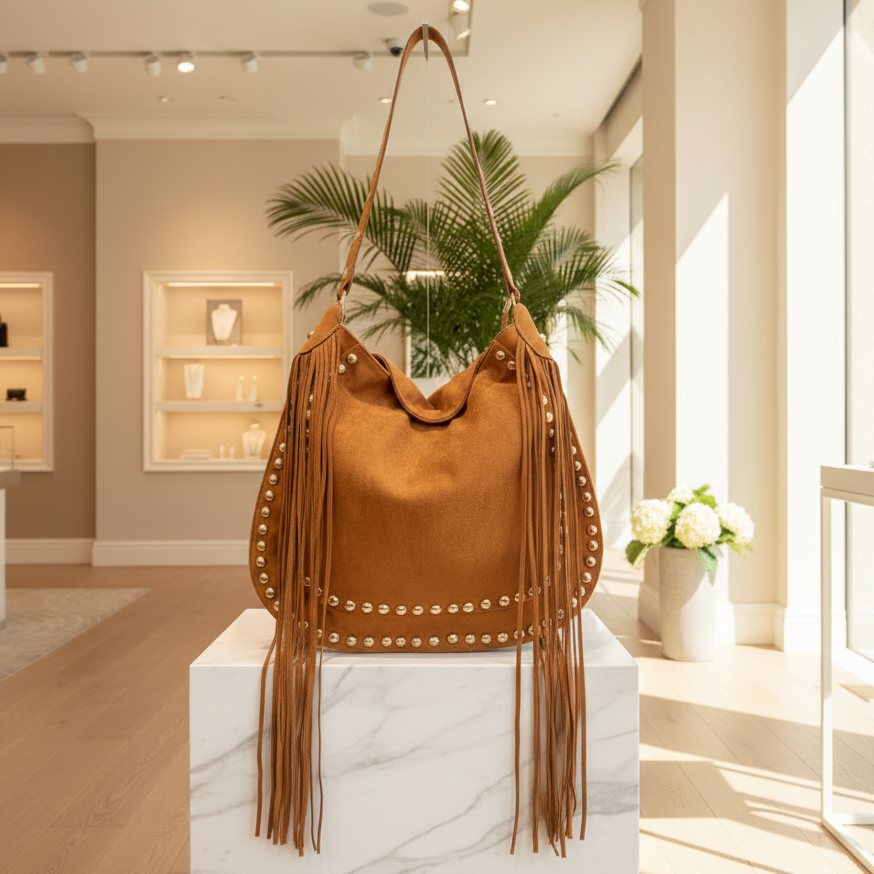 SAC A MAIN 6777 avec des franges esprit bohême chic  avec franges iconiques et détails cloutés dorés l’accessoire indispensable au look vintage et audacieux pour sublimer toutes vos tenues  avec élégance et caractère Taille40cmL/35cmH