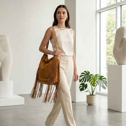 SAC A MAIN 6777 avec des franges esprit bohême chic  avec franges iconiques et détails cloutés dorés l’accessoire indispensable au look vintage et audacieux pour sublimer toutes vos tenues  avec élégance et caractère Taille40x35