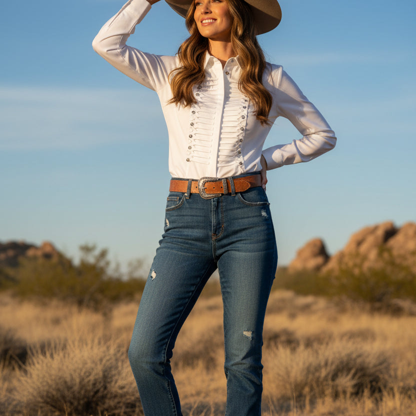 Chemise officier MA3297 – chemise blanche femme à boutonnage décoratif style militaire sur le devant, col classique et manches longues, coupe structurée chic pour le bureau et les sorties