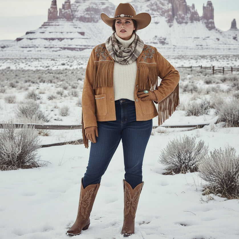 Veste western LR2830 – veste courte femme effet suédine marron avec franges, motifs arabesques en strass et clous métalliques, style country bohème chic pour une tenue affirmée