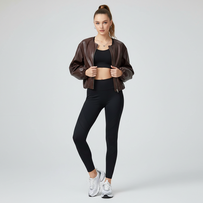 8612 Blouson forme boule en similicuir de très haute qualité élastique à la taille et aux manches avec fermeture éclair