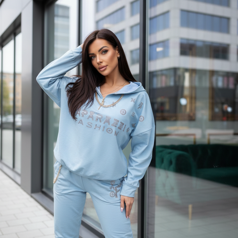 Jogging bijou 0081 – Paparazzi Fashion ensemble femme deux pièces en bleu ciel ou blanc selon disponibilité, haut zippé à capuche, chaîne dorée et logo strassé, style urbain chic et lumineux