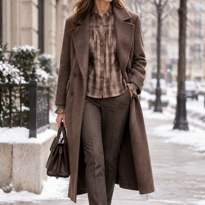 Chemisier rétro M97045 – blouse femme à carreaux marron et beige, col montant volanté, plastron brodé smocké et manches bouffantes, style bohème chic pour les tenues d&