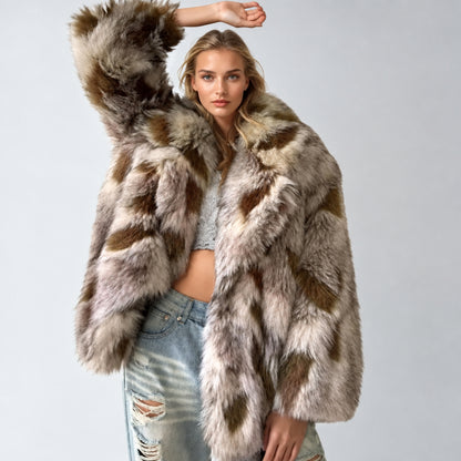 Veste fourrure CA8782 – veste courte femme en fausse fourrure à effet tacheté, grand col à revers et coupe ample, pièce douce au style glamour pour l&