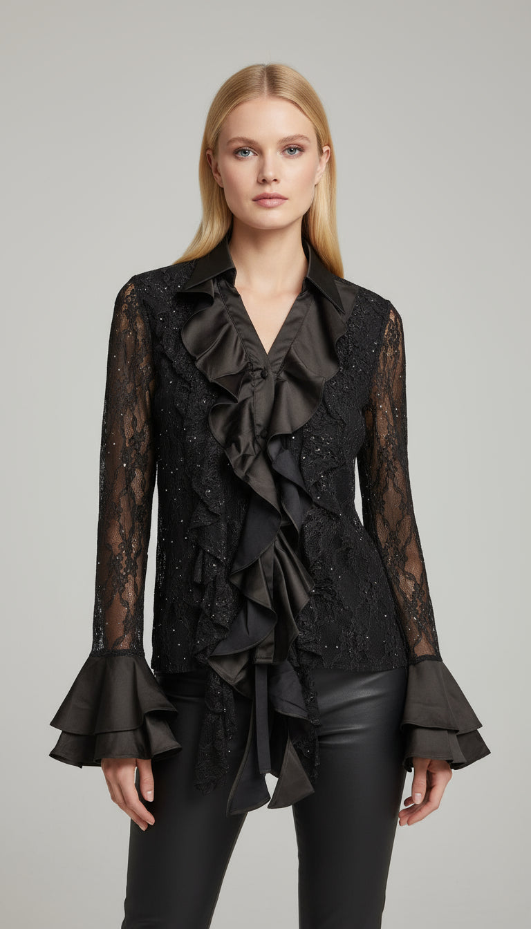 POPUP 27527 chemise tout en dentelle avec des volants en satin, qui forment un joli décolleté en V et descend jusqu au bas de la chemise