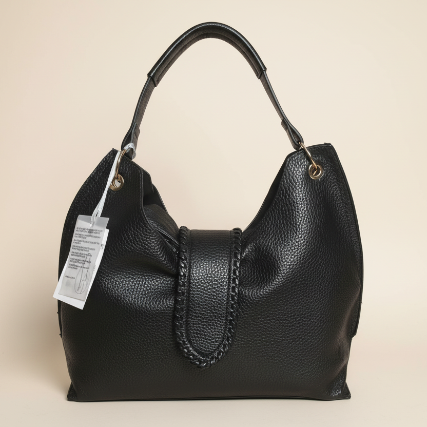 121 SAC en similicuir noir une anse en similicuir puis une autre plus longue pour différentes façons de le dimensions, 40 cm de largeur 40 cm deux hauteur et 13 cm de profondeur