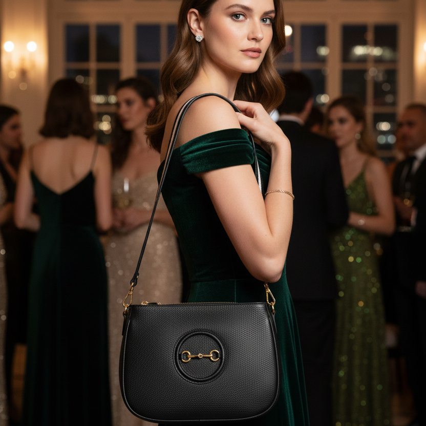 2425 SAC en cuir grainé de luxe avec détail métallique et bandoulière ajustable pour femmes largeur 24 cm hauteur 22 cm et profondeur 6 cm.