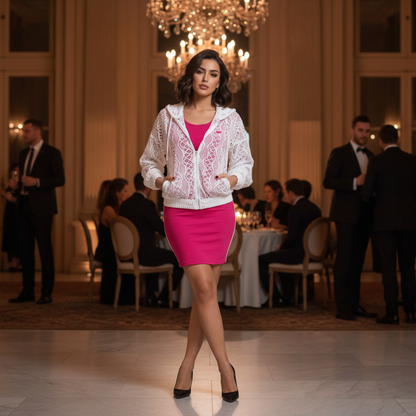 9146 TATU ensemble deux pièces robe moulante, avec par-dessus un blouson tout en dentelle blanche ce blouson peut s’accompagné d’une robe fuchsia ou bleu ciel