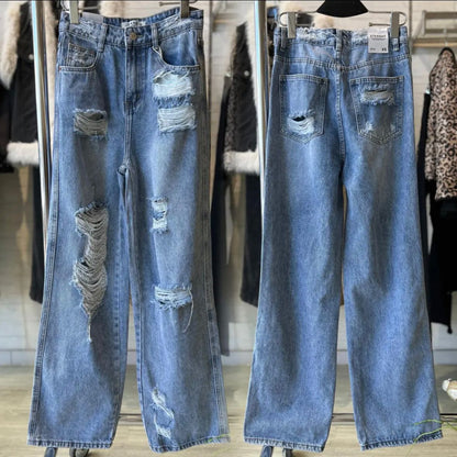 JEANS 6033 bleu clair large pour femme à trous style déchiré décontracté - pantalon denim coupe droite jambes larges et taille haute mode vintage streetwear - jean confortable avec poches arrière usées - look tendance été automne
