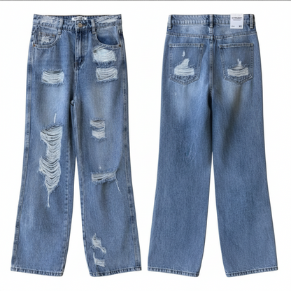 JEANS 6033 bleu clair large pour femme à trous style déchiré décontracté - pantalon denim coupe droite jambes larges et taille haute mode vintage streetwear - jean confortable avec poches arrière usées - look tendance été automne