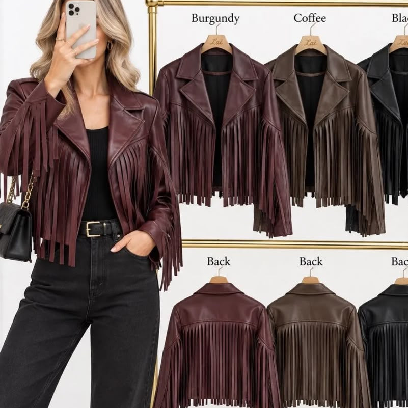 Perfecto frangé 12863 – veste courte femme en similicuir avec longues franges sur le devant, les manches et le dos, col à revers, style rock western bohème chic à associer à un jean ou une robe unie pour souligner ses franges décoratives