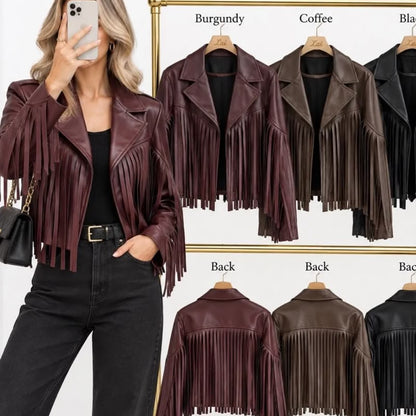 Perfecto frangé 12863 – veste courte femme en similicuir avec longues franges sur le devant, les manches et le dos, col à revers, style rock western bohème chic à associer à un jean ou une robe unie pour souligner ses franges décoratives