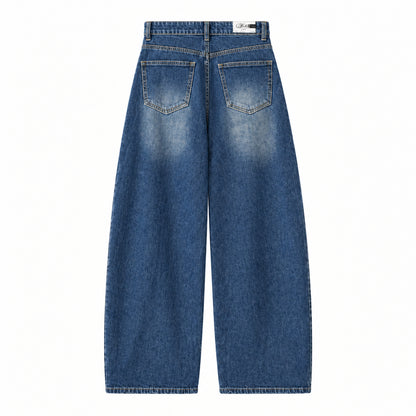 Jean asymétrique YW1668 – jean balloon femme en denim délavé avec taille haute croisée à boutons et jambes larges arrondies, style streetwear chic pour le quotidien