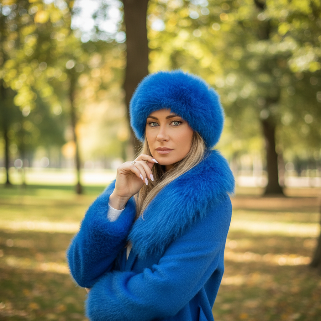 Veste fourrure RUSSE – toque et veste à col imposant style haute couture d exception bleu électrique en cachemire et véritable fourrure - - chaleur luxe et élégance royale