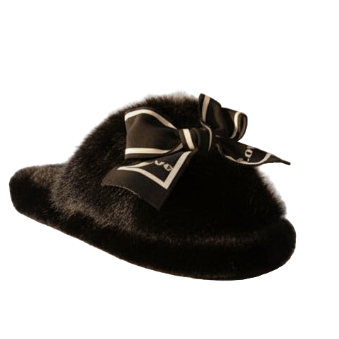 JCG2 Chaussons Doux et Confortables en Fourrure Synthétique Noir Beige Marron Ruban Imprimé Love pour Chaleur Confort et Style à la Maison