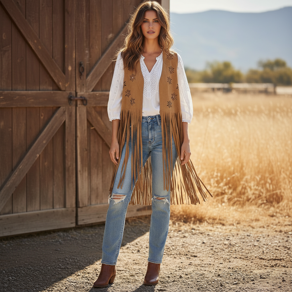 2532 marque Gilet Long Sans Manches  en e pour Femmes avec Franges à la Taille Style Unique et Pratique pour Looks Décontractés ou Semi-Formels