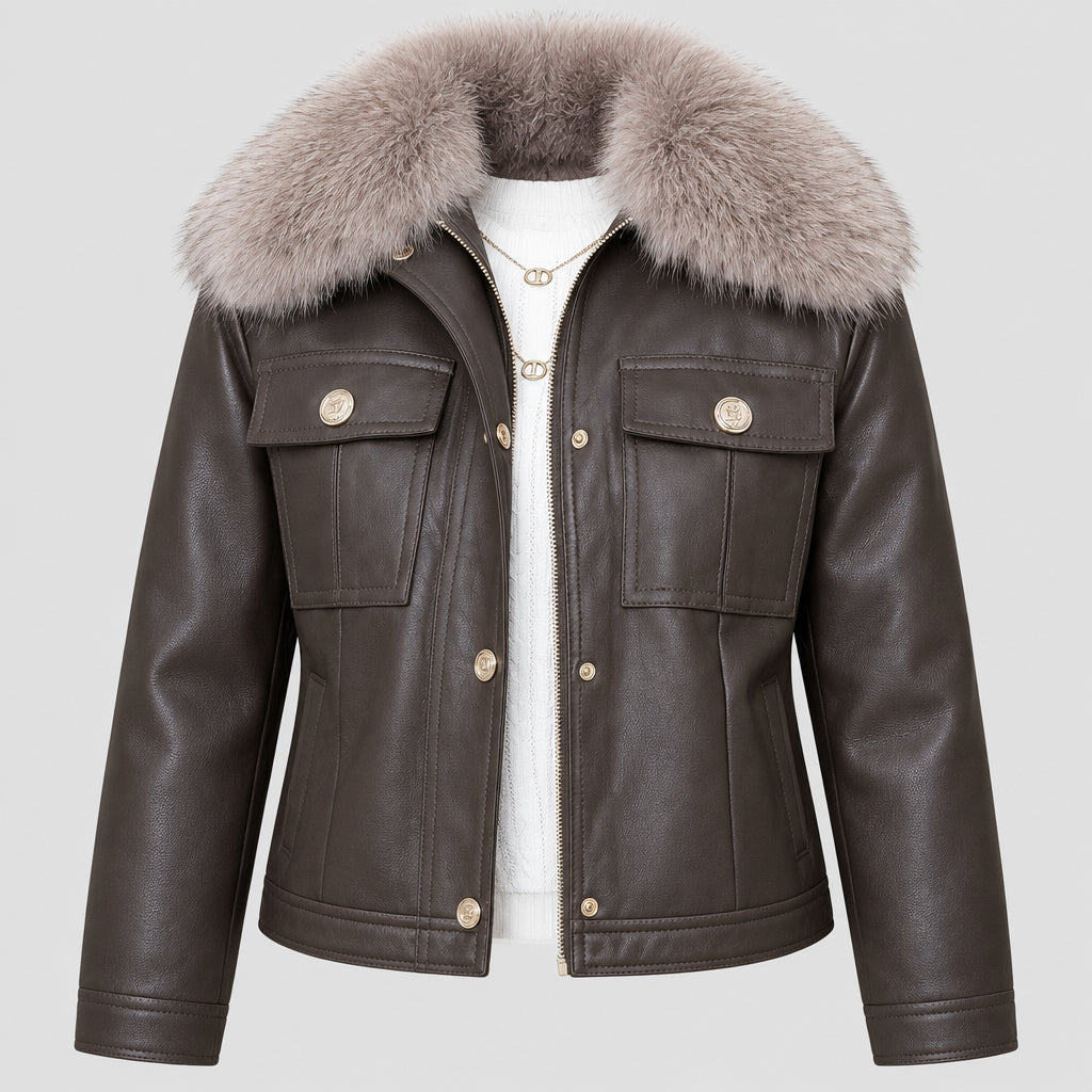 Blouson aviateur S5633 – veste courte femme en similicuir avec col en fausse fourrure, fermeture zippée et pressions dorées, poches à rabat, style chic pour l&