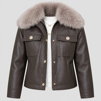 Blouson aviateur S5633 – veste courte femme en similicuir avec col en fausse fourrure, fermeture zippée et pressions dorées, poches à rabat, style chic pour l&