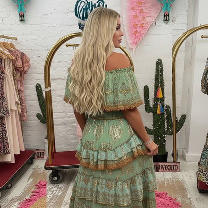 PAP23 ENSEMBLE BOHÈME ASYMÉTRIQUE 🌟 ensemble bohème chic à volants dorés | look festival &amp; beach party | top bandeau jupe bohème | dispo en rose, vert et turquoise