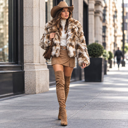 Veste fourrure CA8782 – veste courte femme en fausse fourrure à effet tacheté, grand col à revers et coupe ample, pièce douce au style glamour pour l&