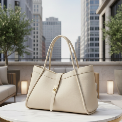 SAC A MAIN 5934 L’élégance intemporelle ces  sacs présentent un design radicalement différent : un cuir grainé, une forme trapèze souple, une fermeture par bride centrale avec un fermoir rotatif métallique et un intérieur contrasté    42cmL/24cmH/18cmP