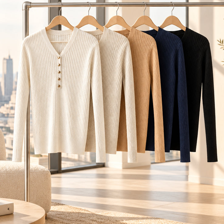 Pull col V AX63753 – pull femme en maille côtelée avec boutons décoratifs sur le devant, coupe ajustée et manches longues, style chic pour le quotidien