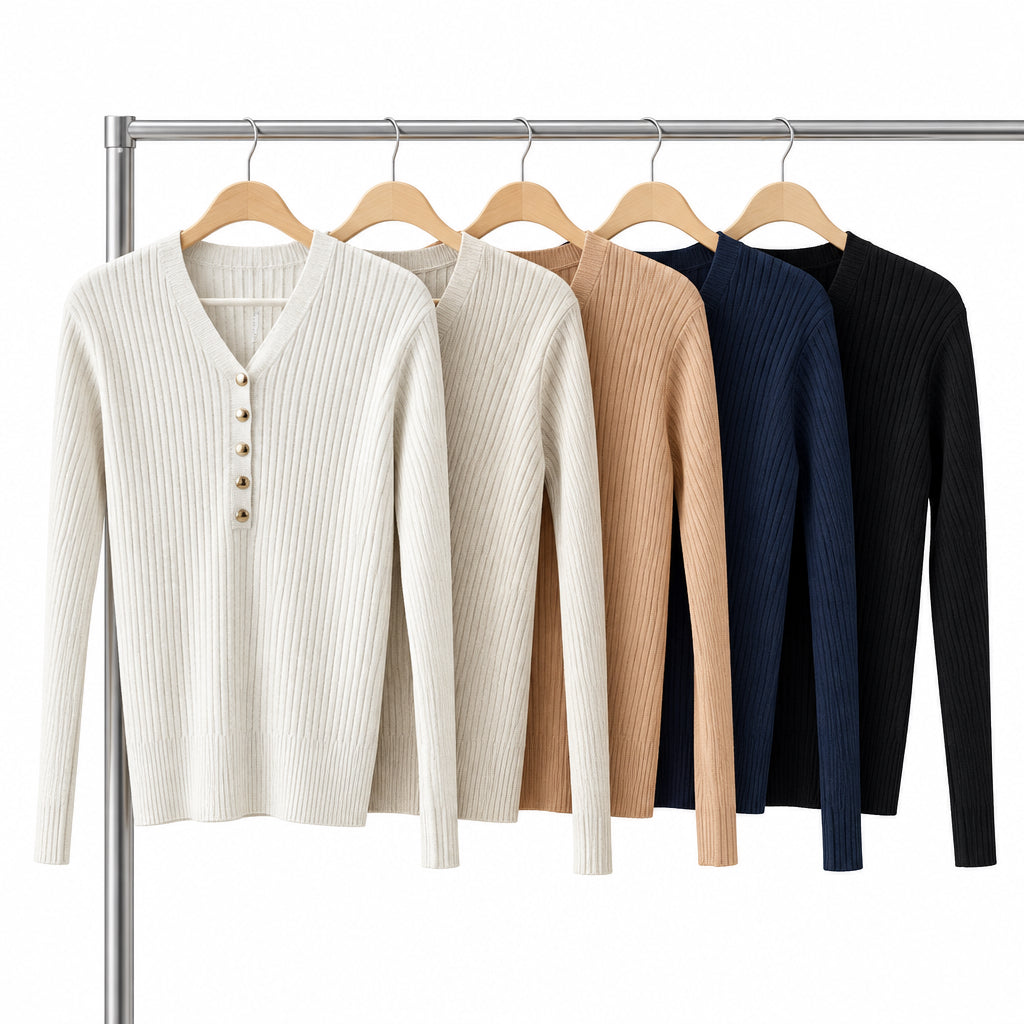 Pull col V AX63753 – pull femme en maille côtelée avec boutons décoratifs sur le devant, coupe ajustée et manches longues, style chic pour le quotidien
