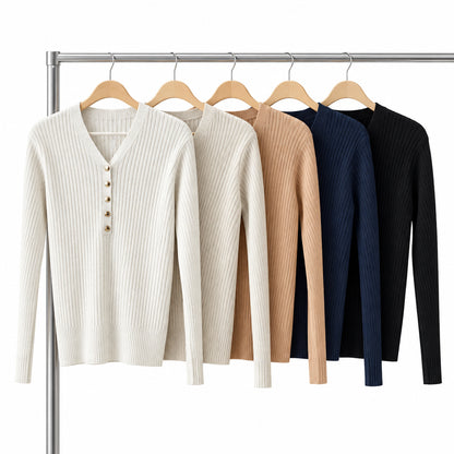 Pull col V AX63753 – pull femme en maille côtelée avec boutons décoratifs sur le devant, coupe ajustée et manches longues, style chic pour le quotidien