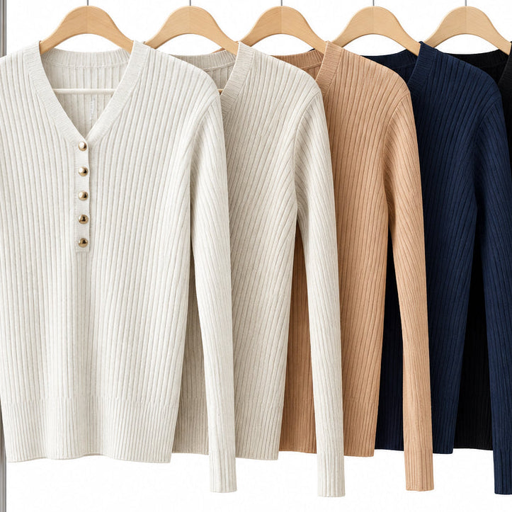 Pull col V AX63753 – pull femme en maille côtelée avec boutons décoratifs sur le devant, coupe ajustée et manches longues, style chic pour le quotidien