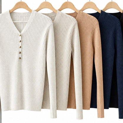 Pull col V AX63753 – pull femme en maille côtelée avec boutons décoratifs sur le devant, coupe ajustée et manches longues, style chic pour le quotidien