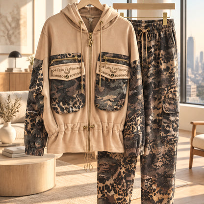 Ensemble cargo 2063 – Tatu Fashion survêtement femme léopard et camouflage avec veste à capuche zippée, cordon de serrage et pantalon cargo assorti, style streetwear tendance