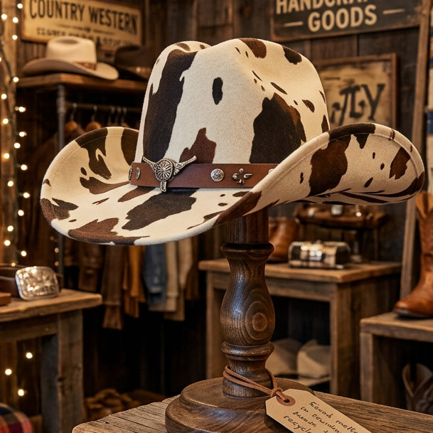 CP2 chapeau de cowboy western en feutre style country chic disponible en plusieurs designs motifs peau de vache audacieux ou finitions brodées élégantes avec ceinture bijou idéal pour soirée country et look bohème