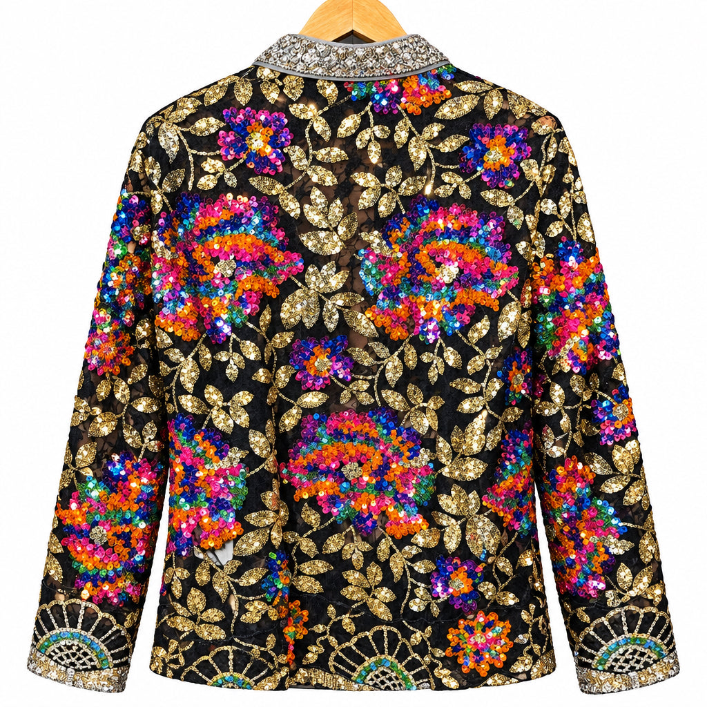 Kimono brodé 5696 – veste courte femme noire transparente à sequins et fleurs multicolores, bordures argentées, pièce lumineuse pour une tenue de soirée à superposer sur un haut uni pour un look habillé et original