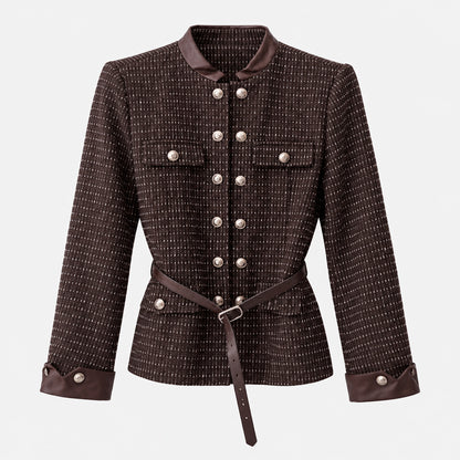 Veste tweed 51241 – veste femme cintrée avec ceinture à la taille, boutons dorés, poches plaquées et finitions contrastées, allure tailleur chic pour le quotidien