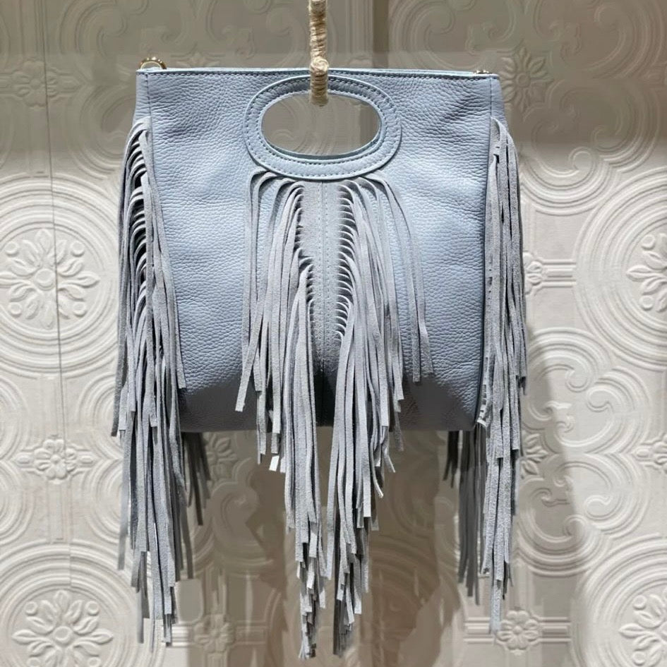 SAC EN CUIR 802 avec franges en cuir grainé véritable à franges bohème chic - porté main ou épaule - finition artisanale style vintage - accessoire tendance mode festival -
