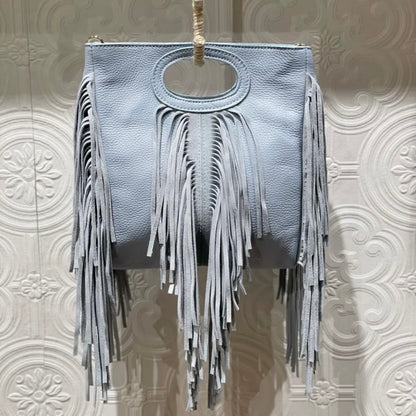 SAC EN CUIR 802 avec franges en cuir grainé véritable à franges bohème chic - porté main ou épaule - finition artisanale style vintage - accessoire tendance mode festival -