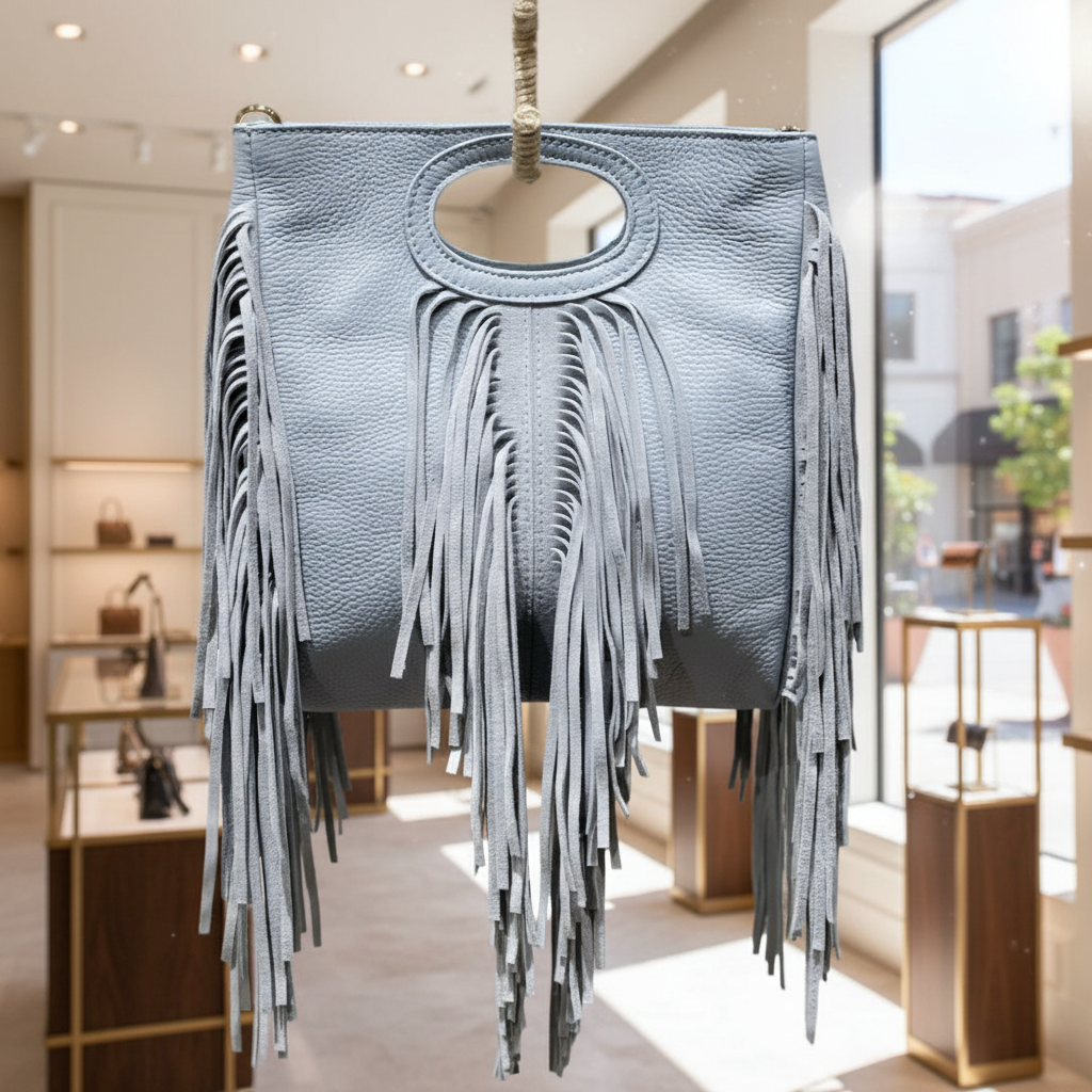 SAC EN CUIR 802 avec franges en cuir grainé véritable à franges bohème chic - porté main ou épaule - finition artisanale style vintage - accessoire tendance mode festival -