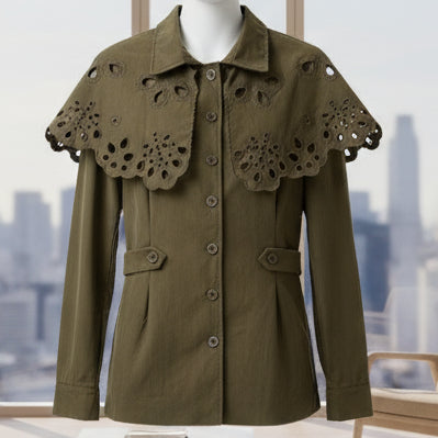 MX083 Veste Demi-Saison en Suédine avec Collerette Ajourée et Ceinture Intégrée pour un Ajustement Personnalisé et Confort Doux