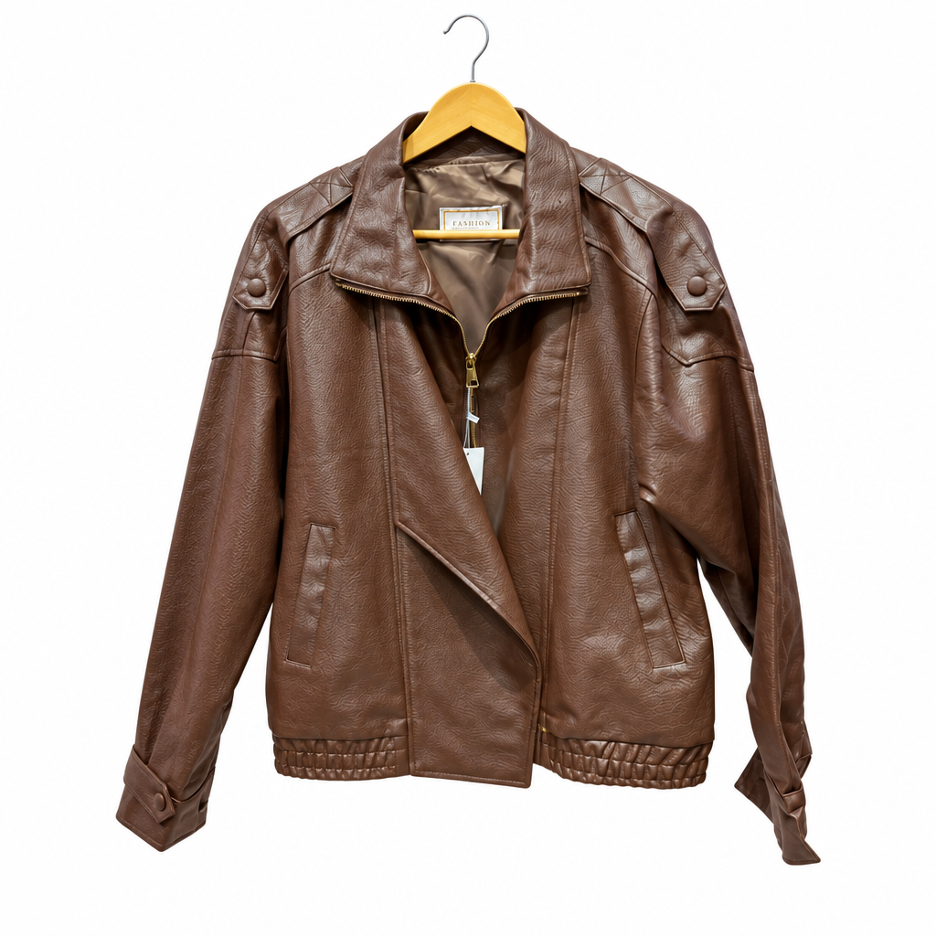 Bomber oversize 82216 – blouson femme en similicuir avec col montant, épaulettes, fermeture zippée et boutons-pression, poignets et taille bord-côte, style urbain chic