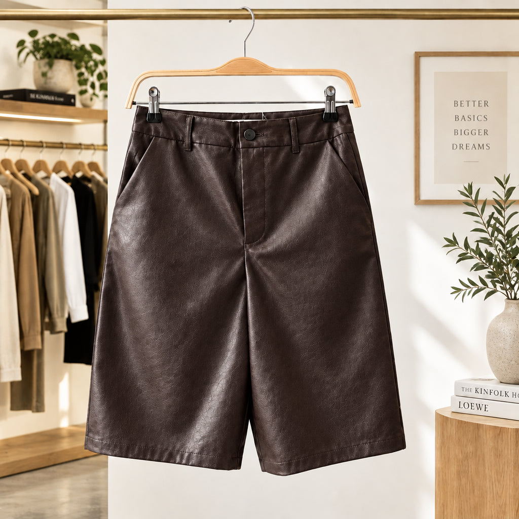 Bermuda similicuir XJM833 – short long femme marron chocolat à taille haute, passants de ceinture, poches latérales et coupe droite, style chic pour l&