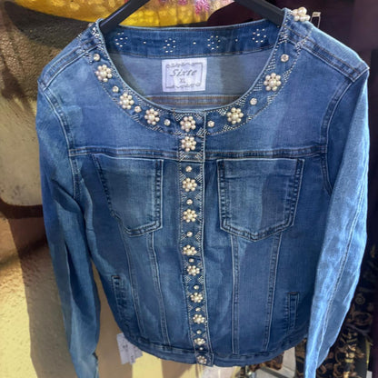 VESTE en jeans 1865 stretch orné de perles et strass : l&