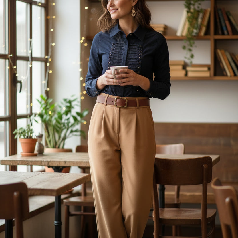 Chemise officier MA3297 – chemise blanche femme à boutonnage décoratif style militaire sur le devant, col classique et manches longues, coupe structurée chic pour le bureau et les sorties