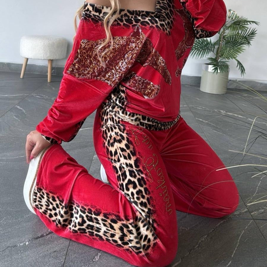 Ensemble léopard 2014 – Tatu Fashion jogging femme en velours à haut col V épaules dégagées et pantalon fluide taille haute, détails brillants pour un look sport chic glamour