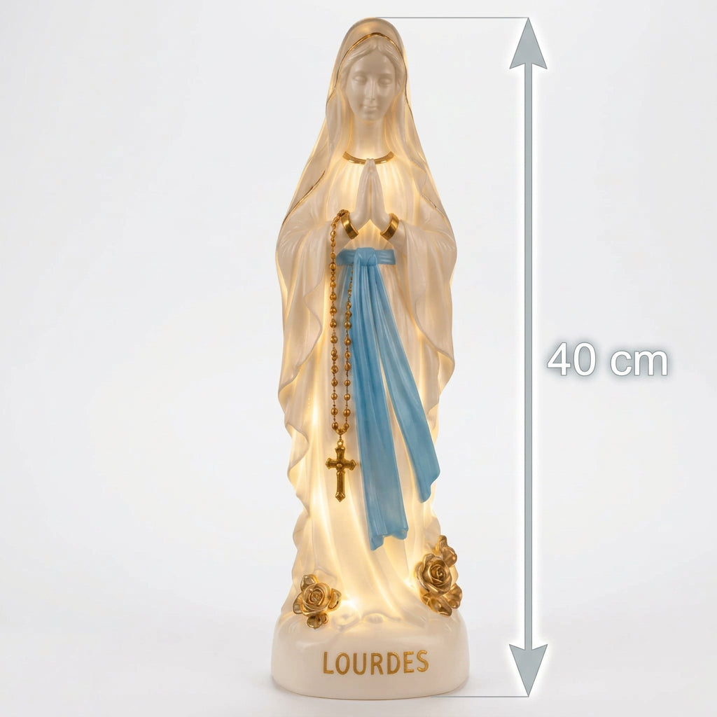 Lumière sacrée – Lampe Vierge Marie Notre-Dame de Lourdes 40 cm, veilleuse de chevet électrique à prise et interrupteur, statue lumineuse blanche et bleu turquoise, fabriquée à Lourdes et bénie
