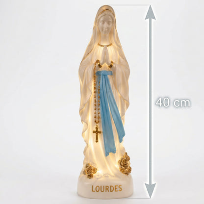 Lumière sacrée – Lampe Vierge Marie Notre-Dame de Lourdes 40 cm, veilleuse de chevet électrique à prise et interrupteur, statue lumineuse blanche et bleu turquoise, fabriquée à Lourdes et bénie